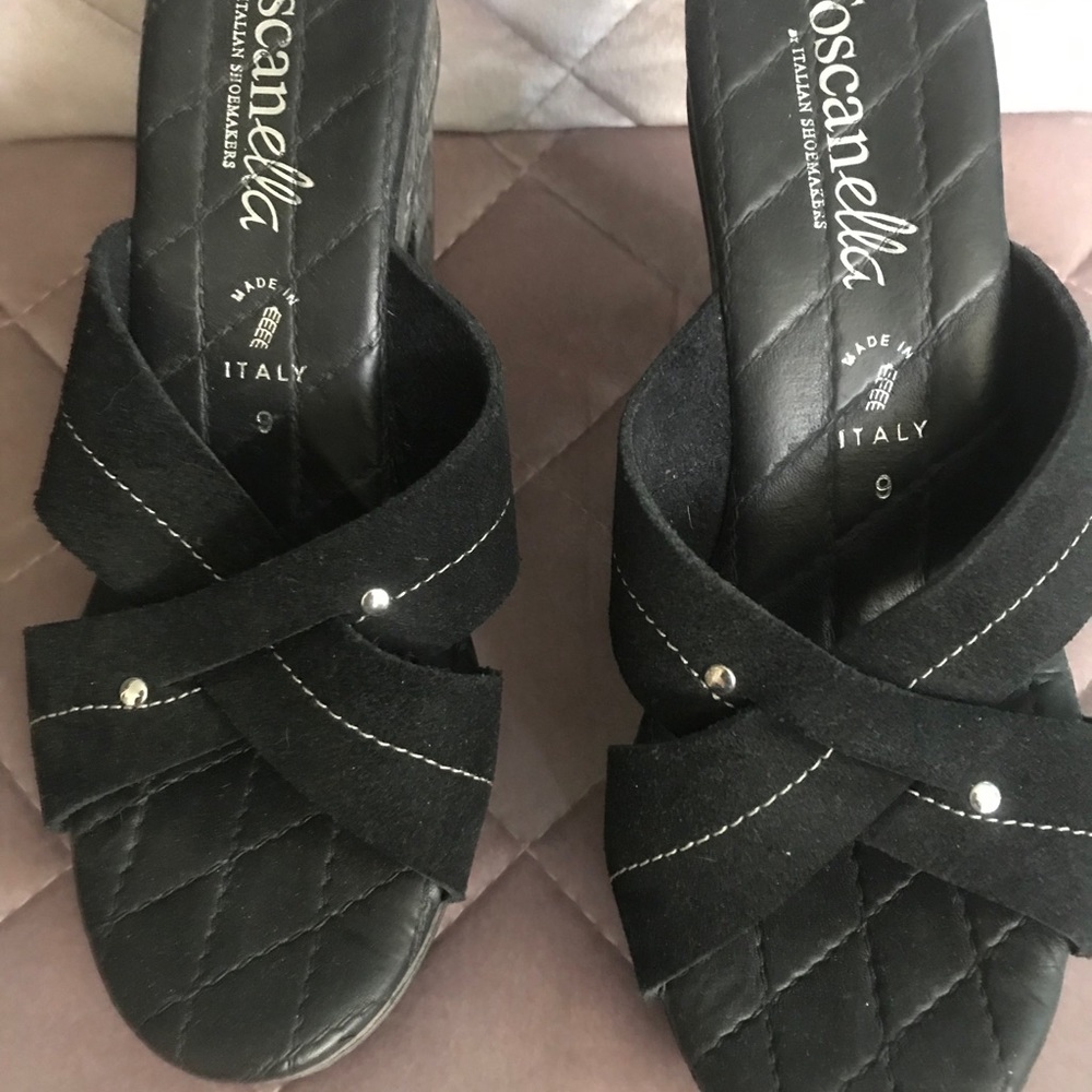 Toscanella black suede slip on heels